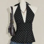 Women's casual, simple backless deep V-neck polka dot wrap top