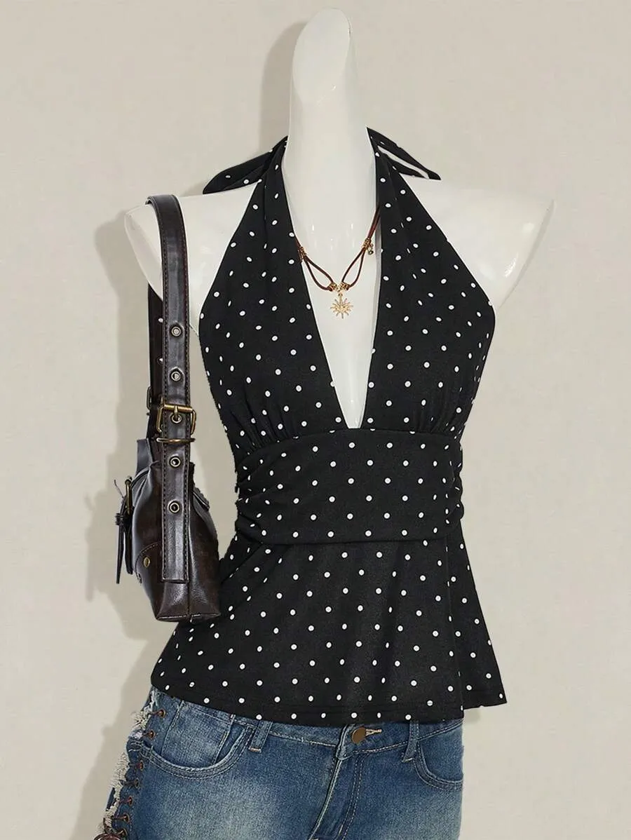 Women's casual, simple backless deep V-neck polka dot wrap top